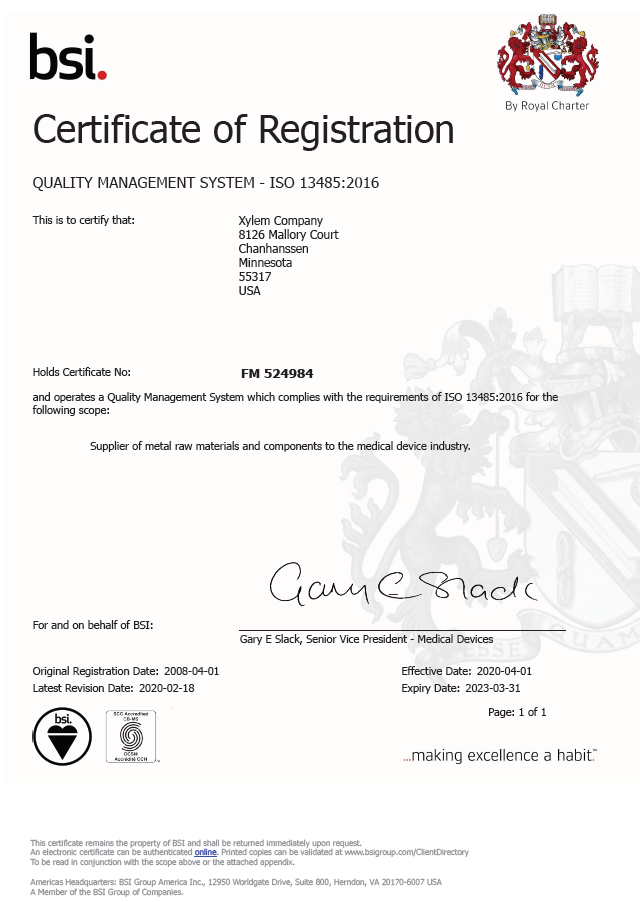Xylem's BSI Certificate of Registration