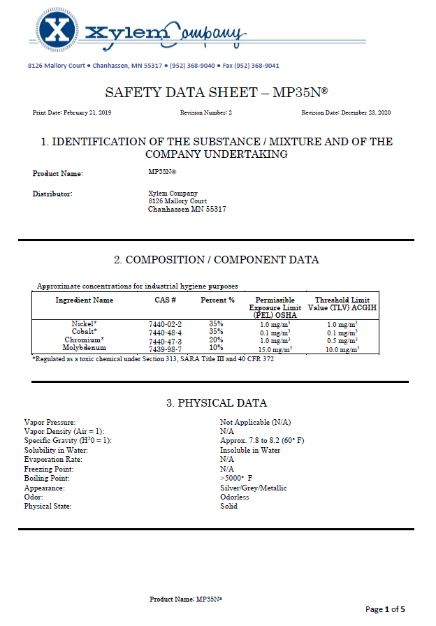 Xylem SDS - MP35N® Xylem Safety Data Sheet - MP35N